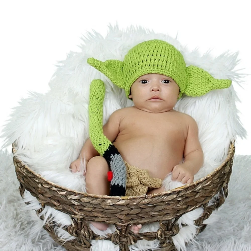 NWOT CUSTOM MADE Green Knit Baby Yoda Hat & Diaper Cover Infant Photos Costume